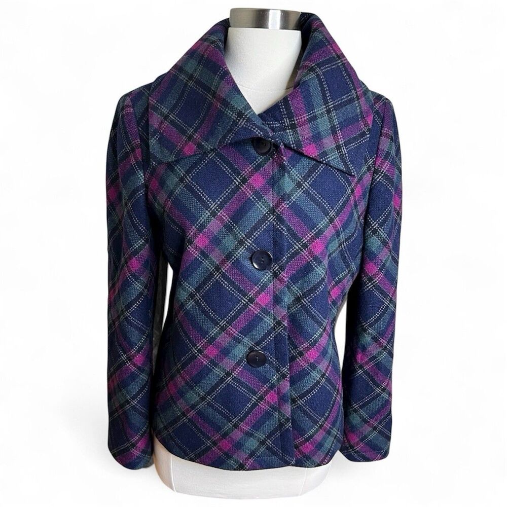 Talbots Wool Blazer 8 Plaid Tartan Pink Navy Purple Preppy Dark Academia Jacket
